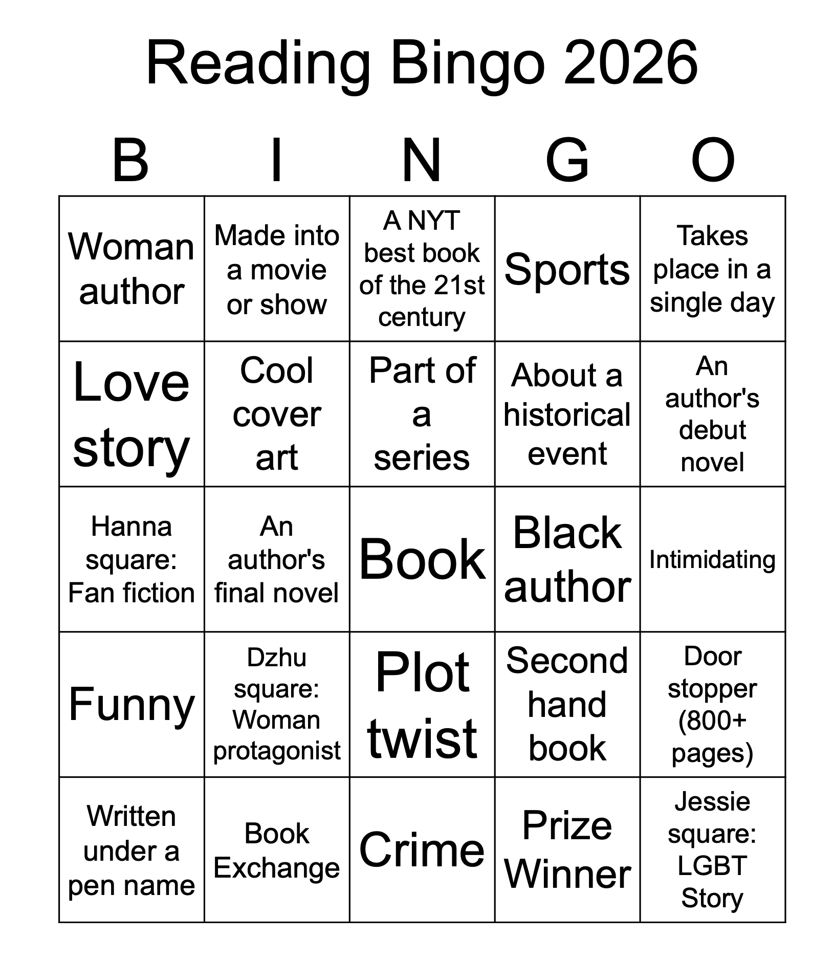 Reading Bingo 2026 Board