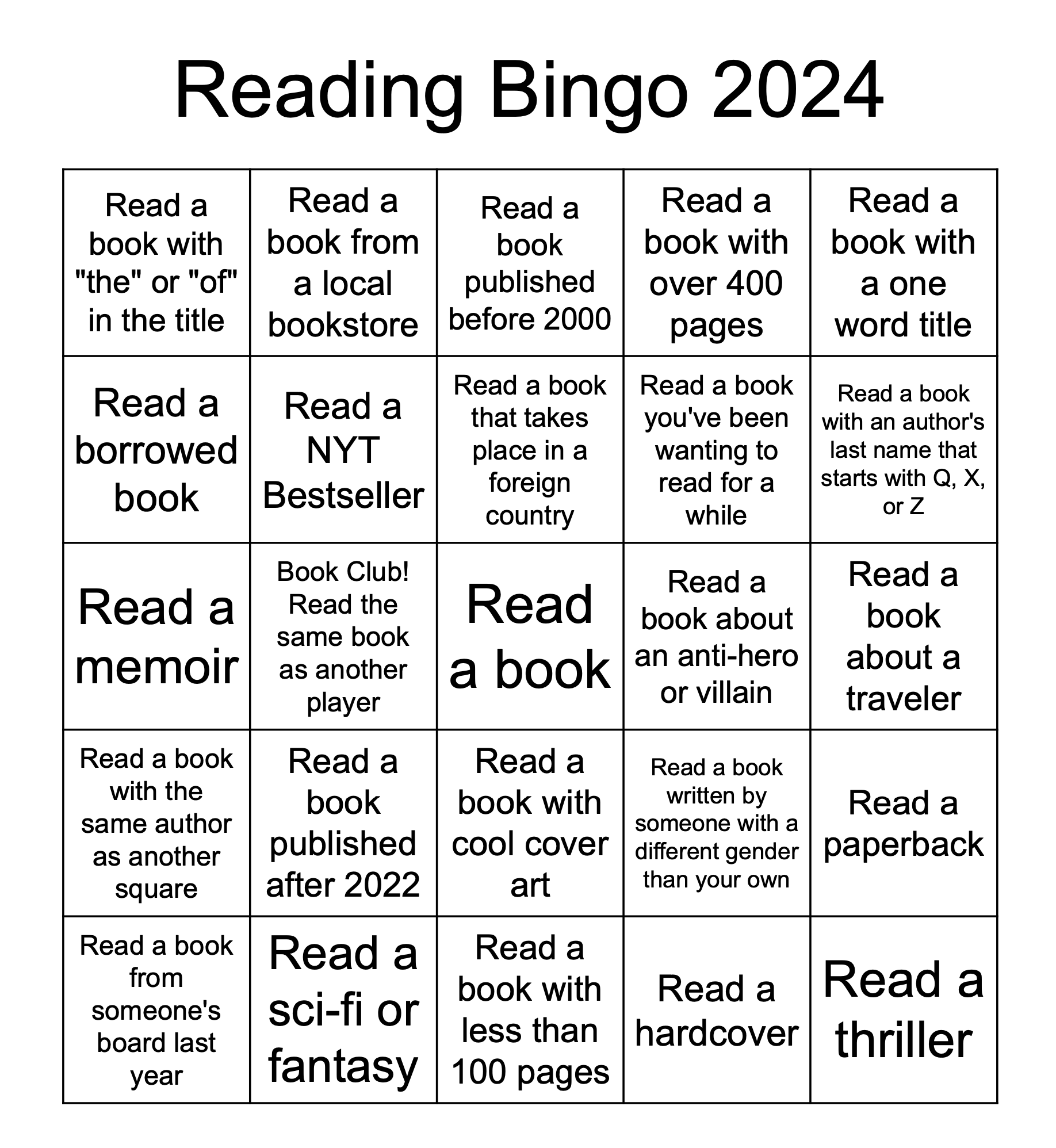 Reading Bingo Board